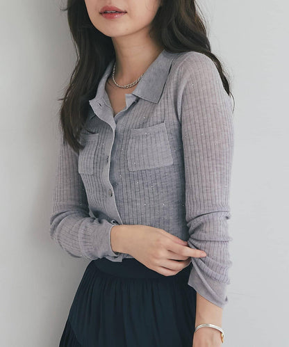 【成熟感透視針織衫】透視亮片翻領羅紋針織衫