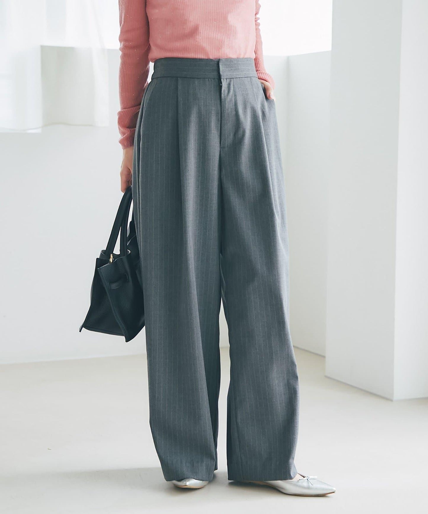 【可成套搭配・修飾美腿】條紋寬腿褲