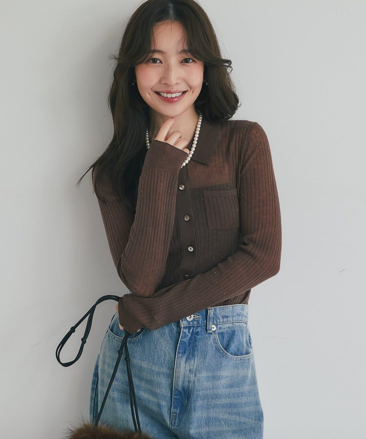 【成熟感透視針織衫】透視亮片翻領羅紋針織衫