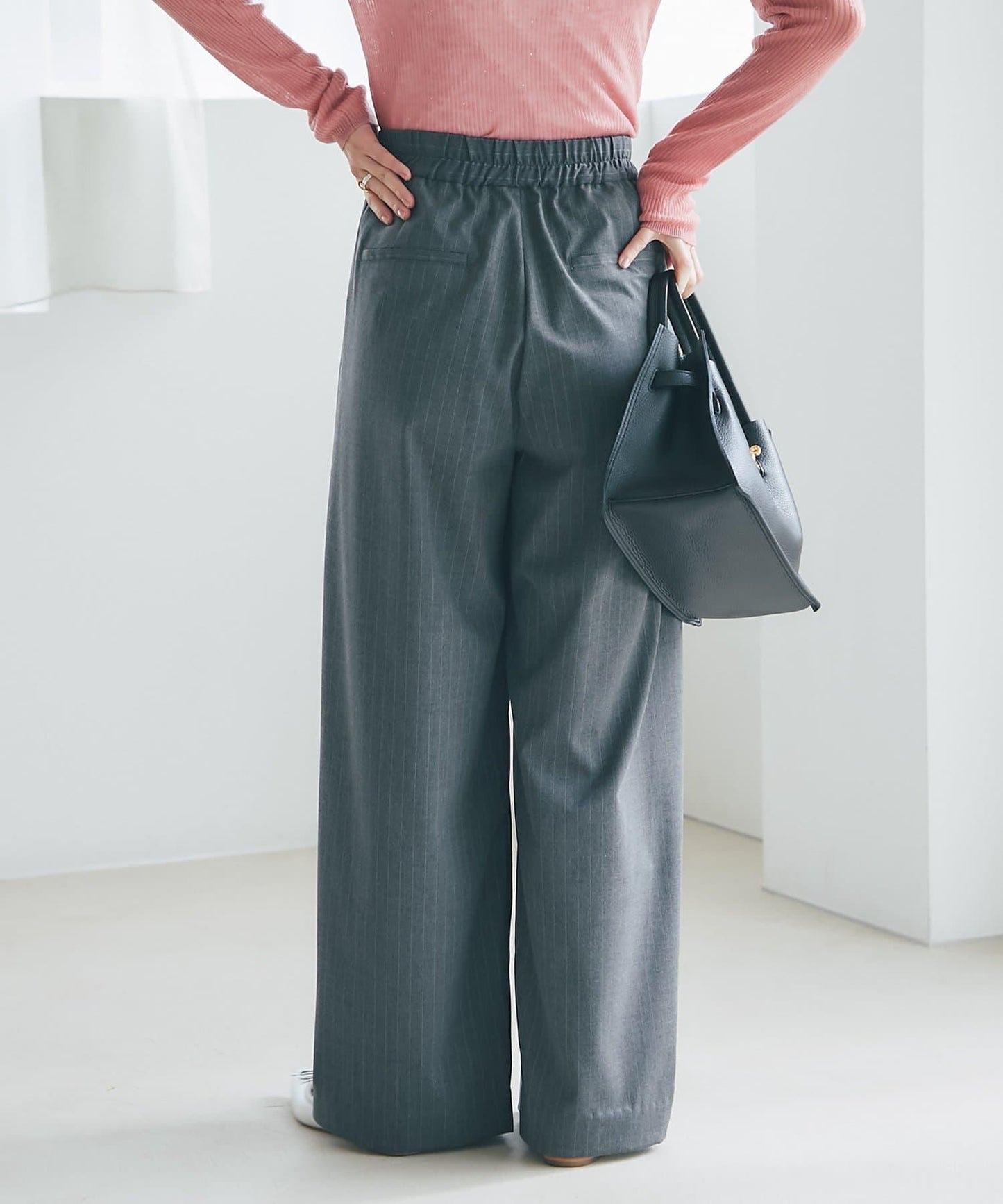 【可成套搭配・修飾美腿】條紋寬腿褲