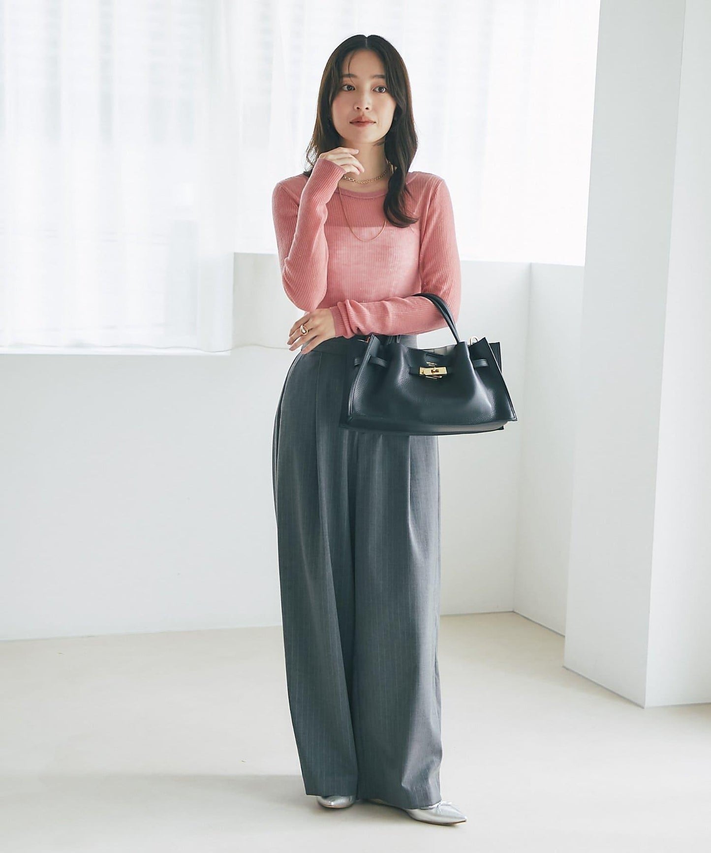 【可成套搭配・修飾美腿】條紋寬腿褲