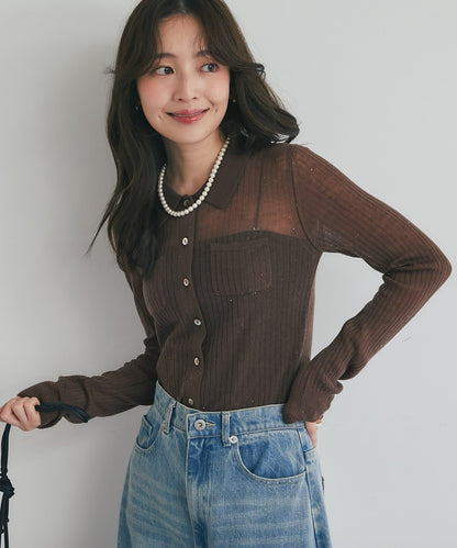 【成熟感透視針織衫】透視亮片翻領羅紋針織衫