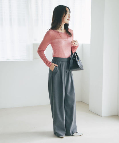 【可成套搭配・修飾美腿】條紋寬腿褲