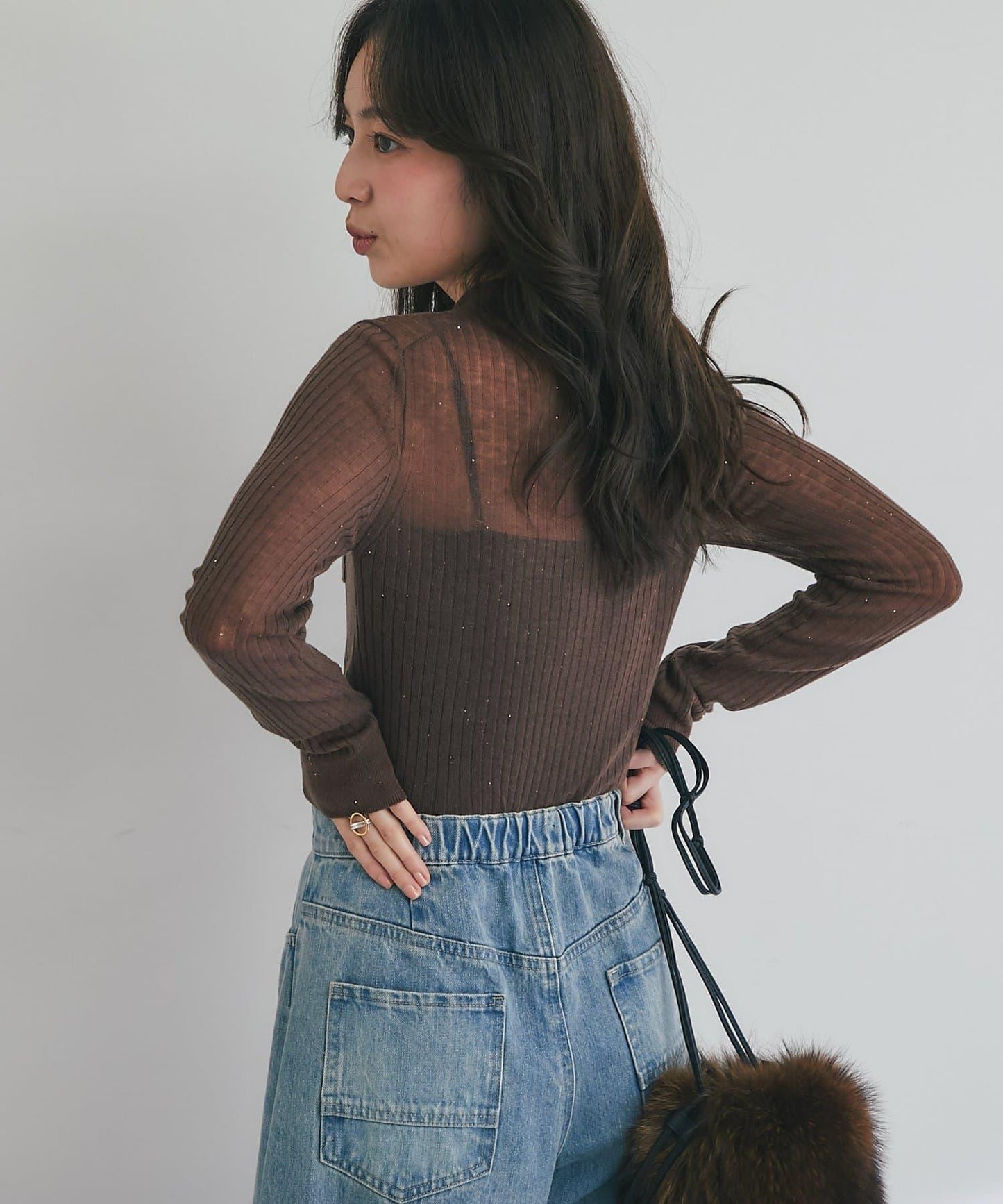 【成熟感透視針織衫】透視亮片翻領羅紋針織衫