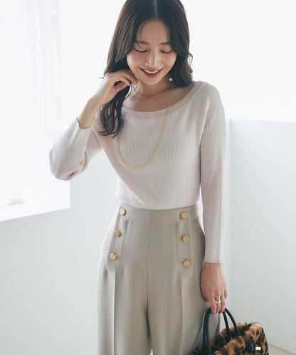 【百搭顯瘦】亮片羅紋一字肩八分袖針織衫