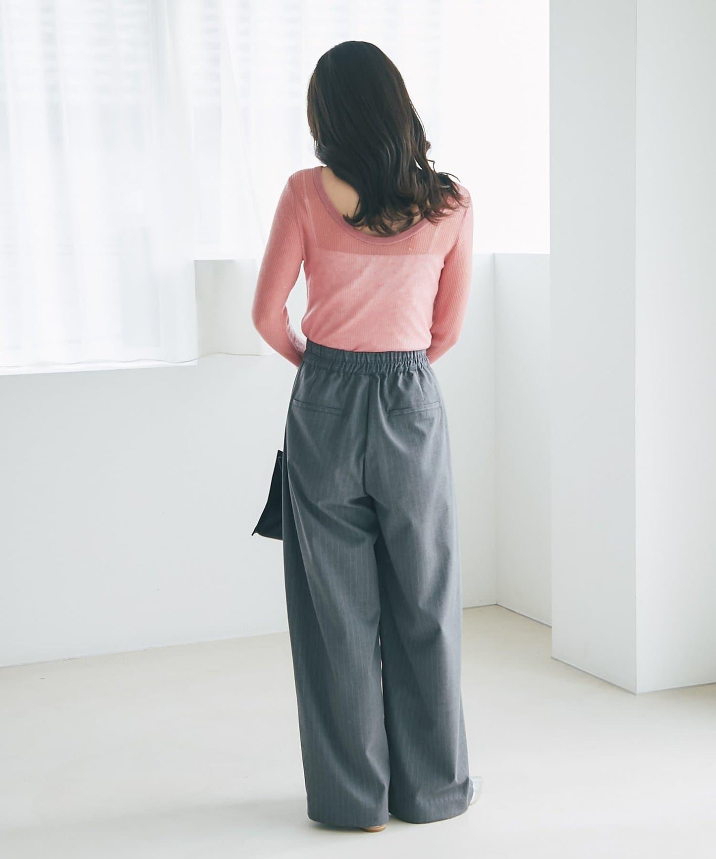 【可成套搭配・修飾美腿】條紋寬腿褲