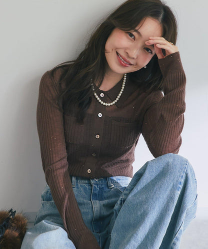 【成熟感透視針織衫】透視亮片翻領羅紋針織衫