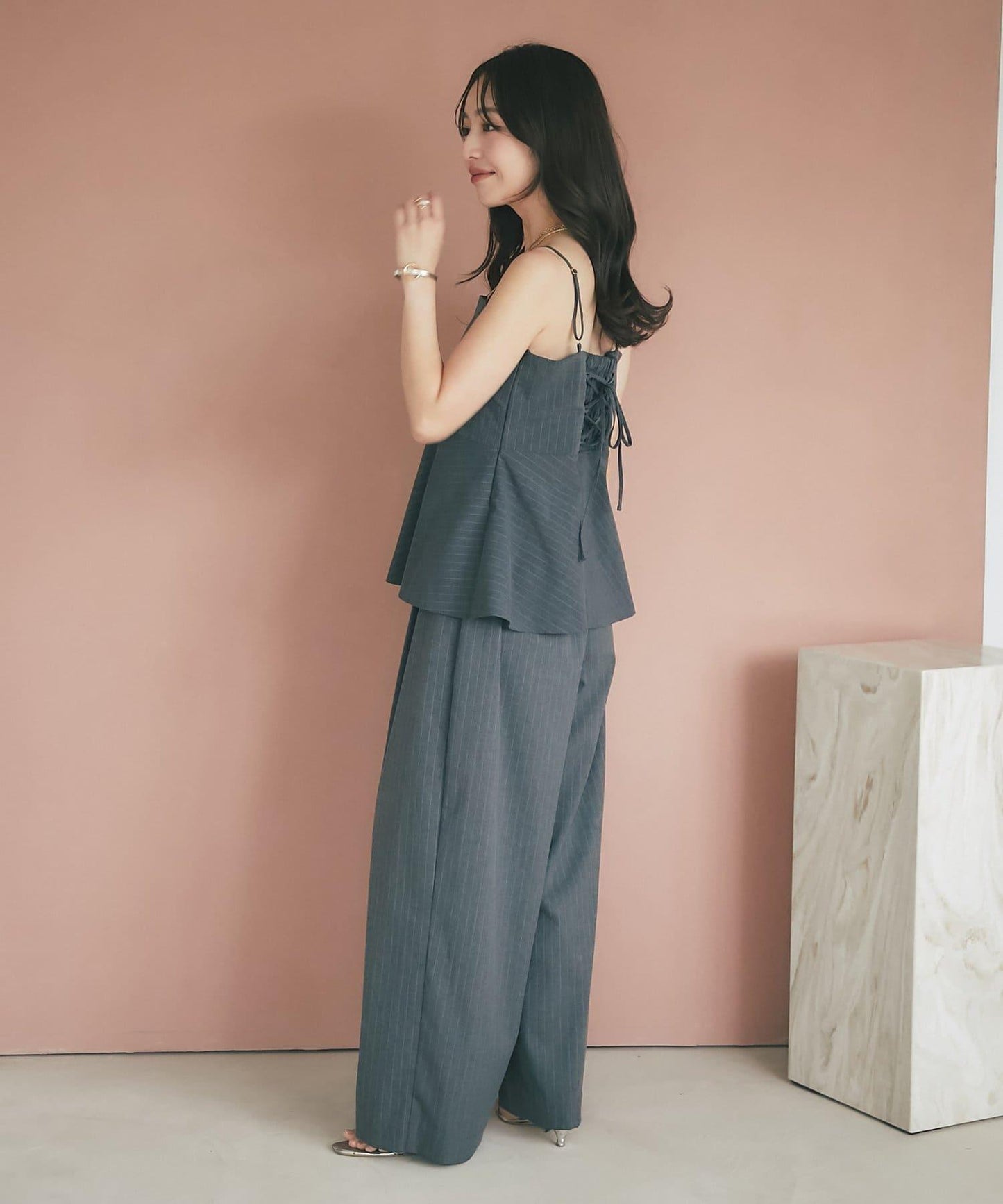 【可成套搭配・修飾美腿】條紋寬腿褲