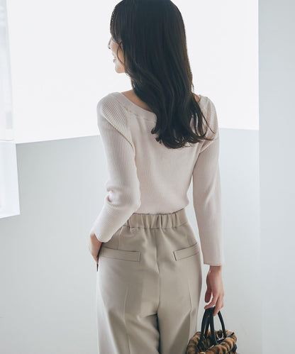 【百搭顯瘦】亮片羅紋一字肩八分袖針織衫