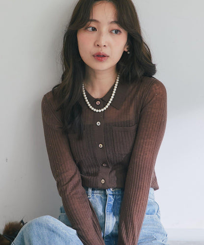 【成熟感透視針織衫】透視亮片翻領羅紋針織衫