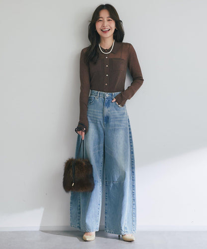 【成熟感透視針織衫】透視亮片翻領羅紋針織衫