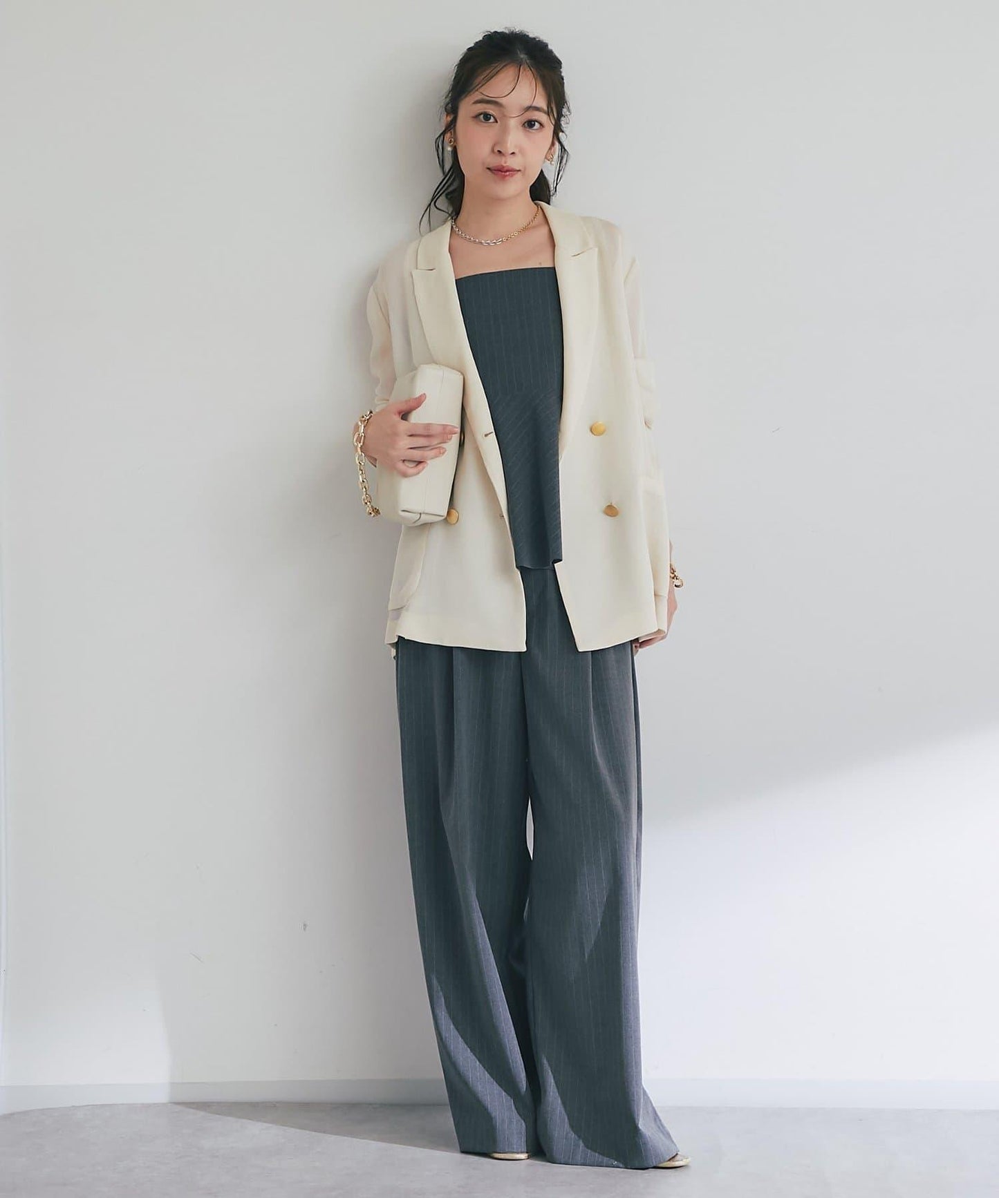 【可成套搭配・修飾美腿】條紋寬腿褲