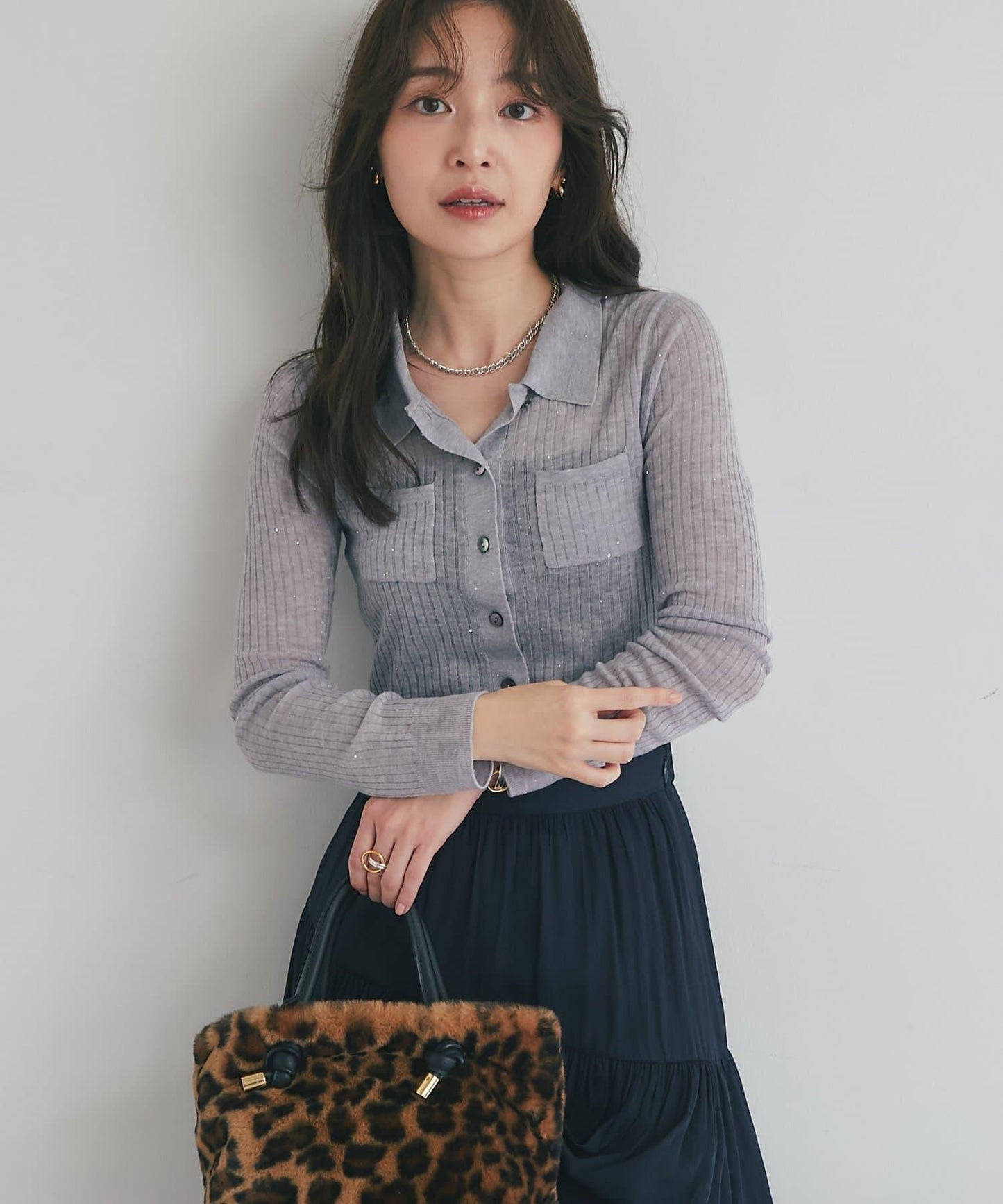 【成熟感透視針織衫】透視亮片翻領羅紋針織衫