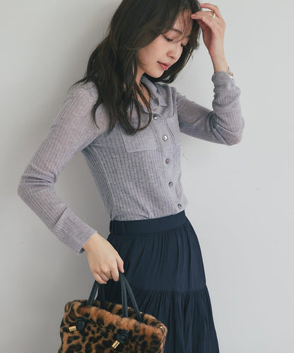 【成熟感透視針織衫】透視亮片翻領羅紋針織衫