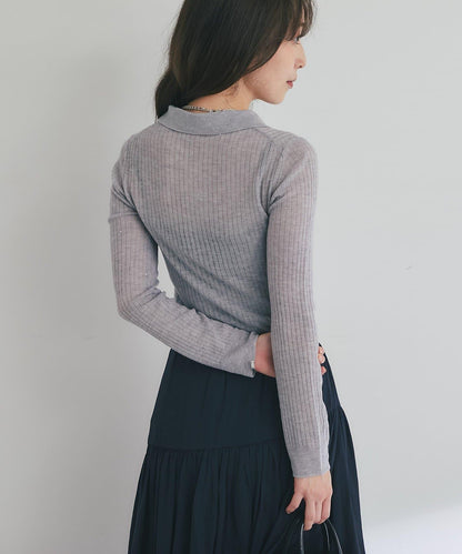 【成熟感透視針織衫】透視亮片翻領羅紋針織衫