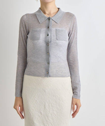 【成熟感透視針織衫】透視亮片翻領羅紋針織衫