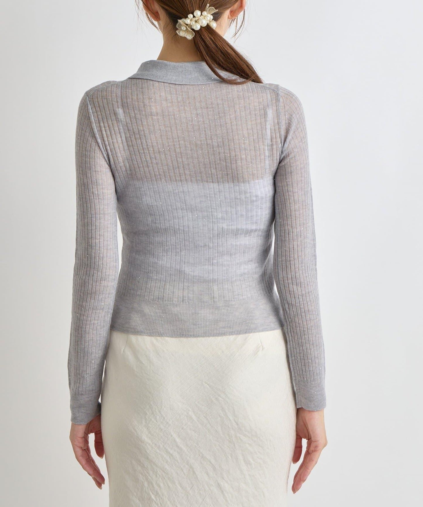 【成熟感透視針織衫】透視亮片翻領羅紋針織衫