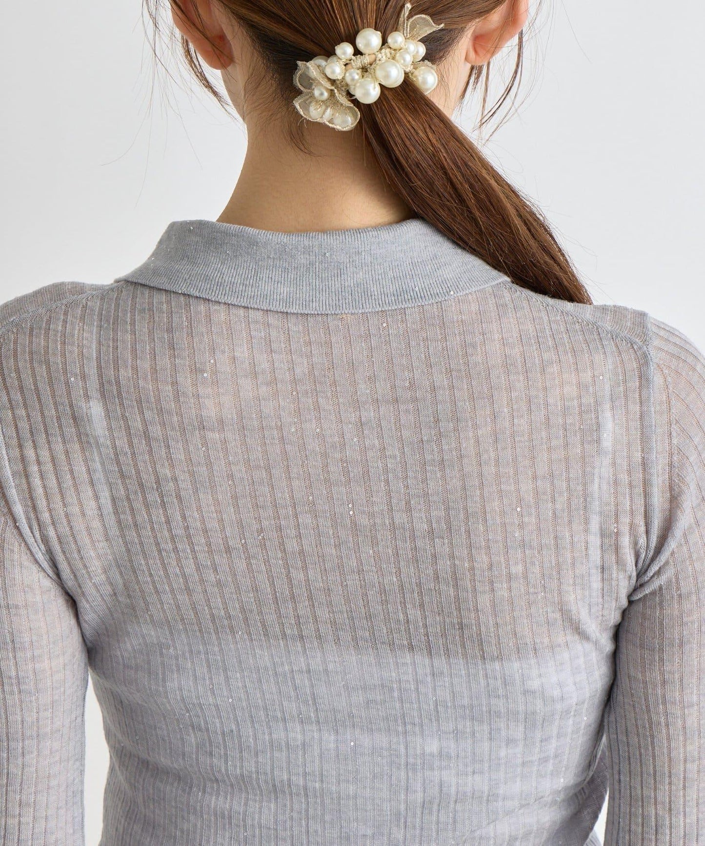 【成熟感透視針織衫】透視亮片翻領羅紋針織衫