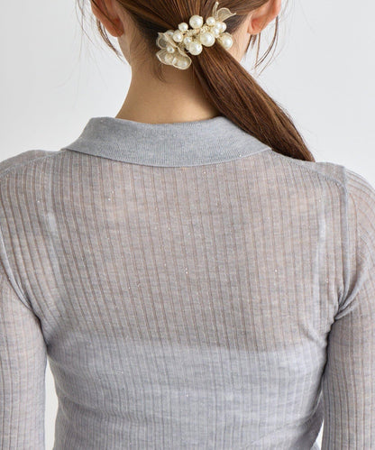 【成熟感透視針織衫】透視亮片翻領羅紋針織衫