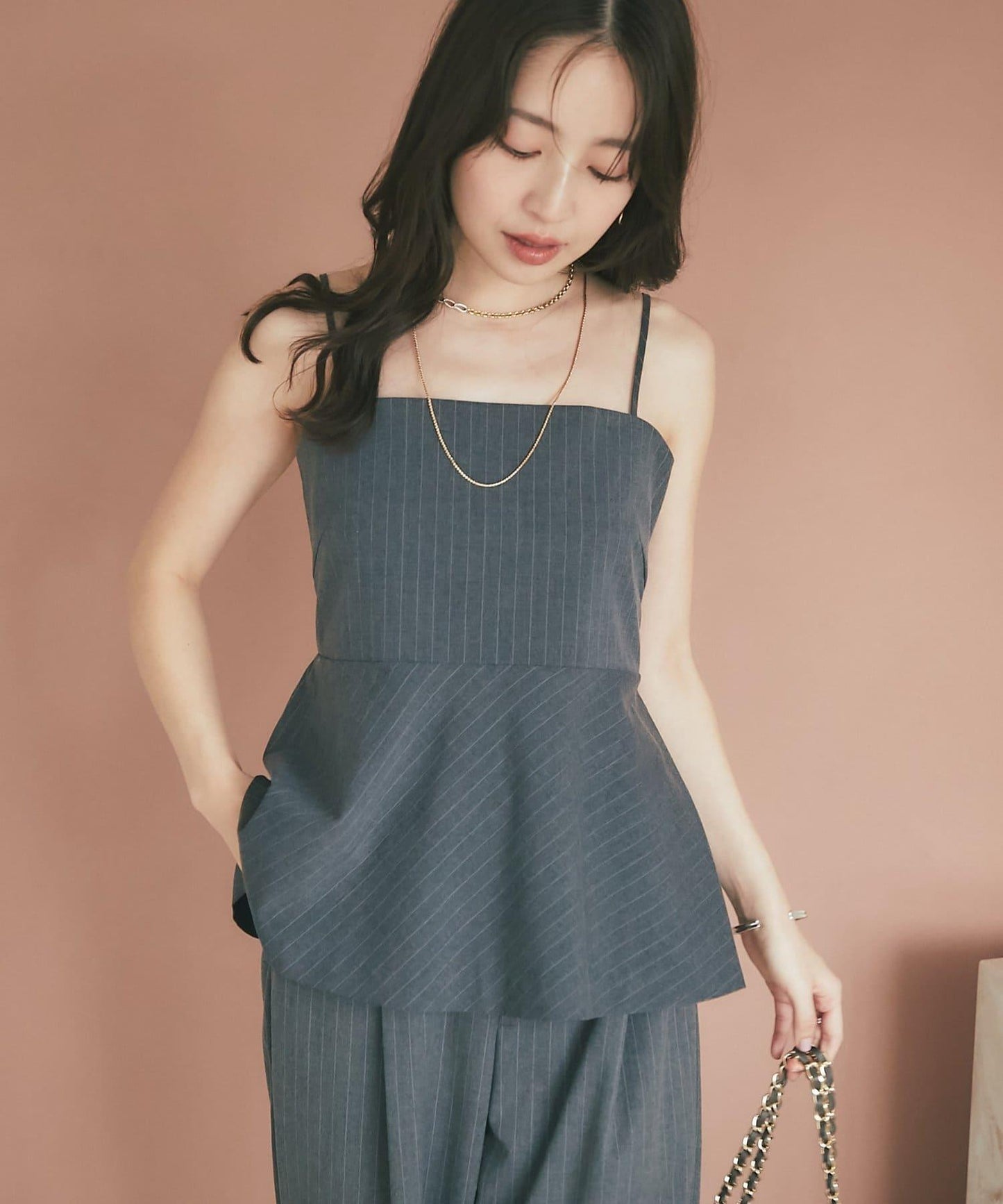 【可成套穿搭・顯瘦搭配】條紋後繫帶吊帶