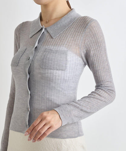 【成熟感透視針織衫】透視亮片翻領羅紋針織衫