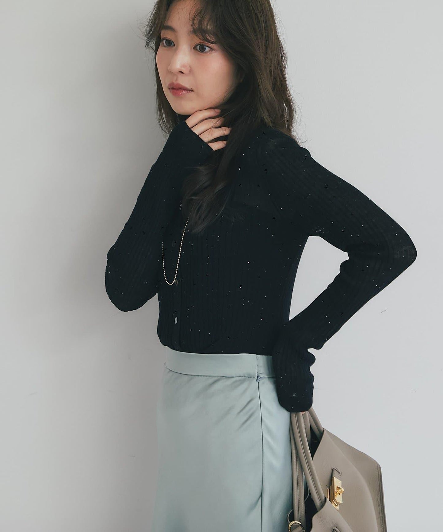 【成熟感透視針織衫】透視亮片翻領羅紋針織衫