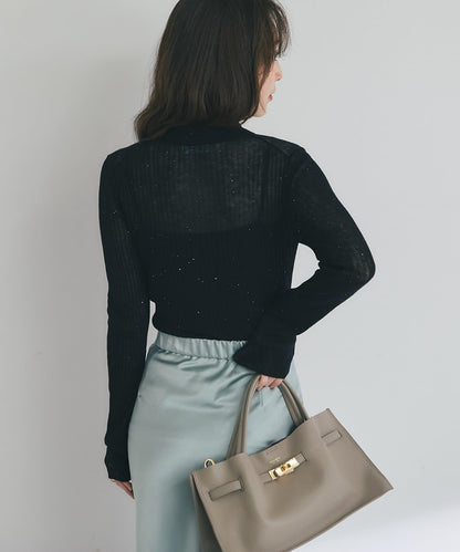 【成熟感透視針織衫】透視亮片翻領羅紋針織衫