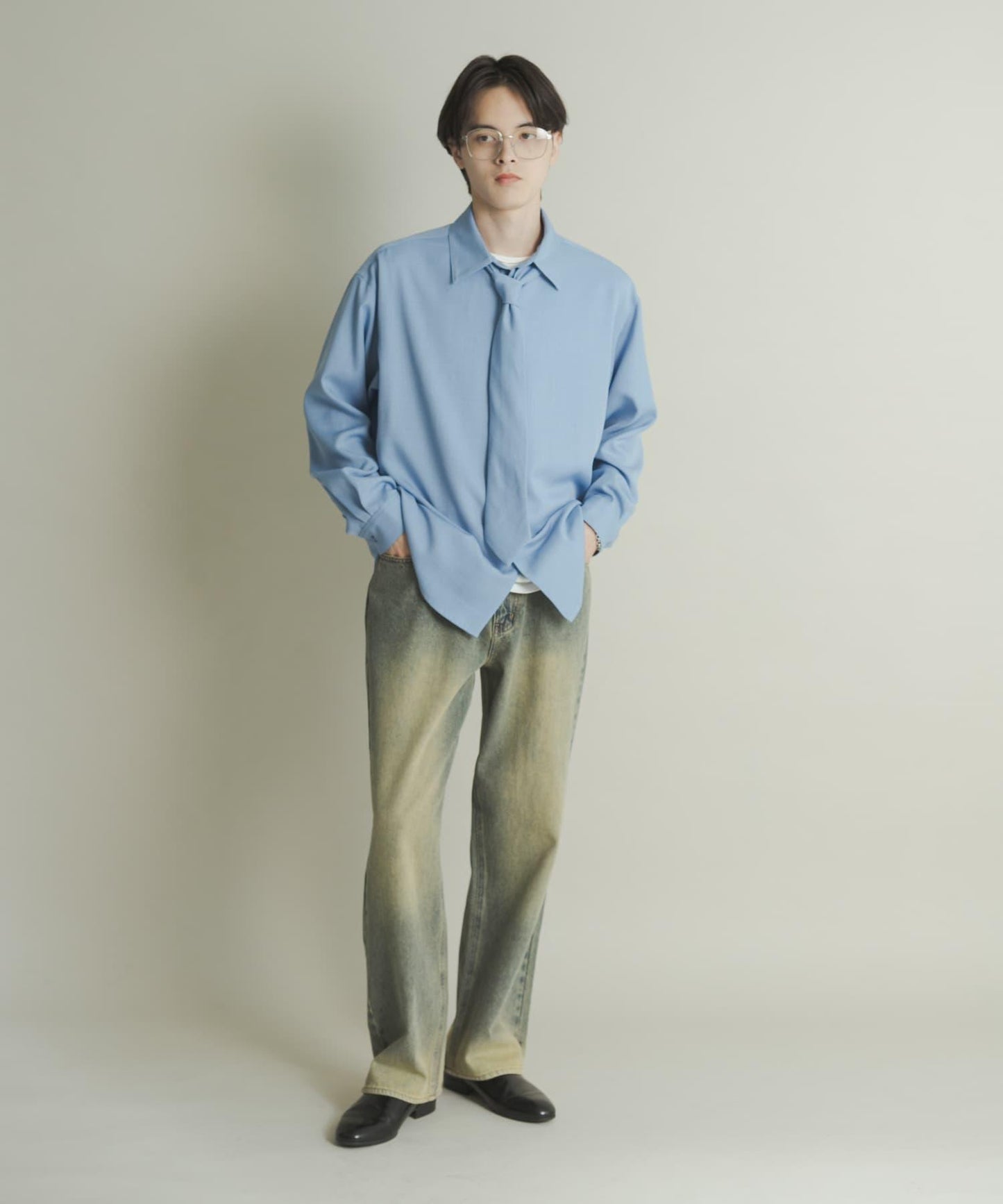 硬質水洗牛仔寬腿褲