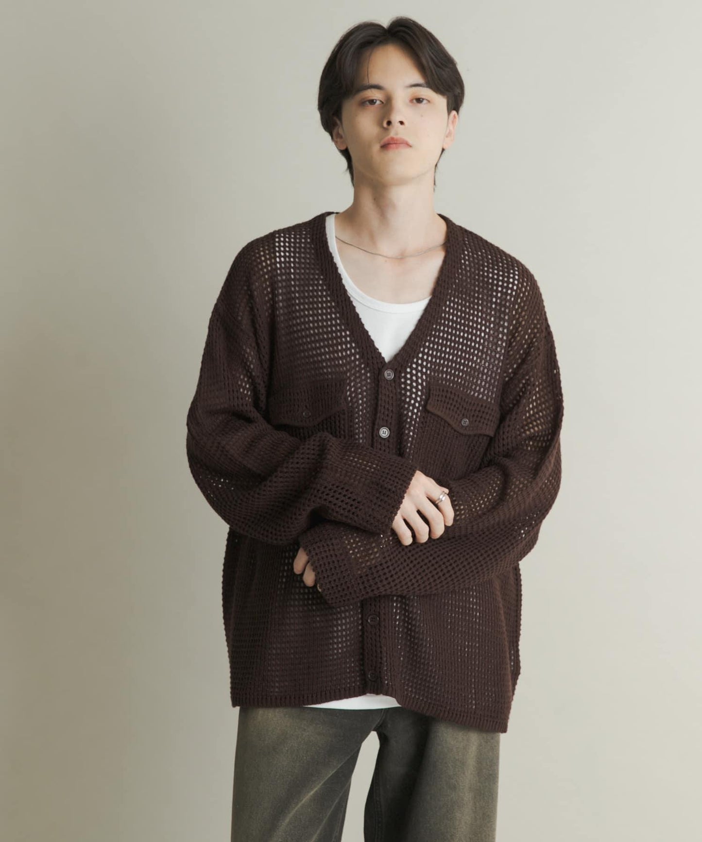 雙口袋V領針織開衫