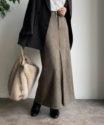 仿麂皮前開叉修身半身裙