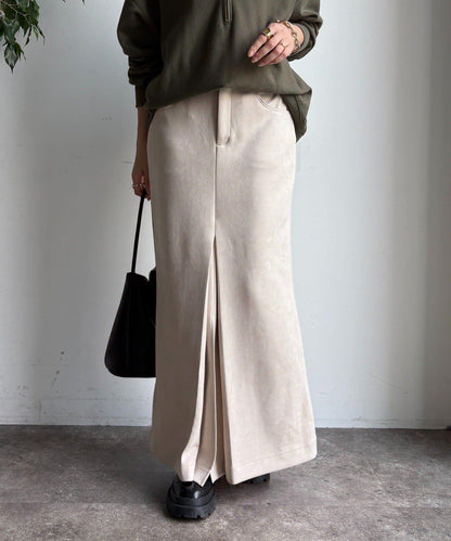 仿麂皮前開叉修身半身裙