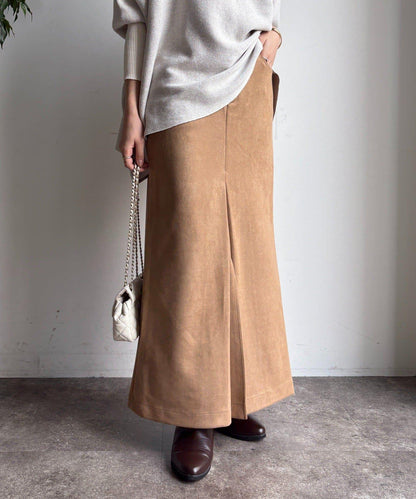 仿麂皮前開叉修身半身裙