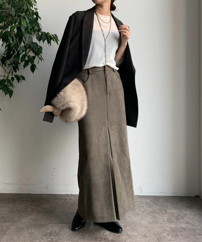 仿麂皮前開叉修身半身裙