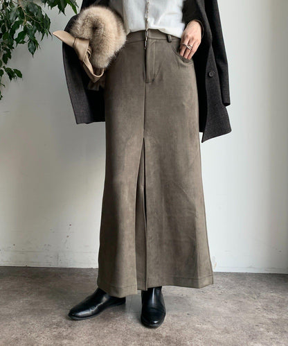 仿麂皮前開叉修身半身裙