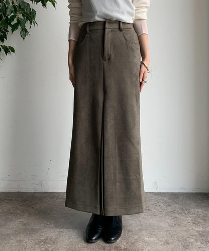 仿麂皮前開叉修身半身裙