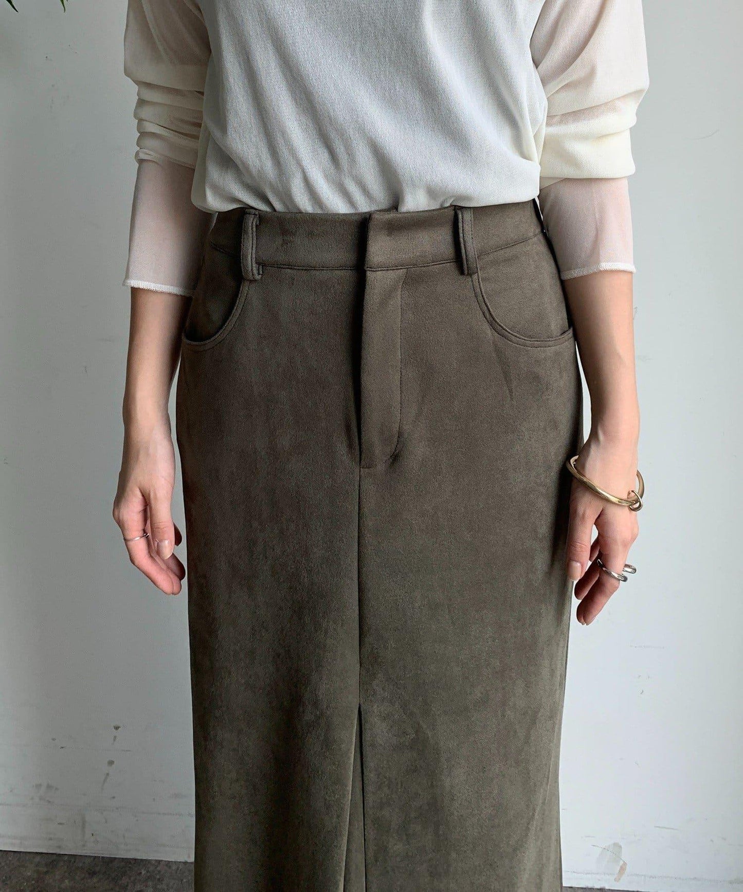 仿麂皮前開叉修身半身裙