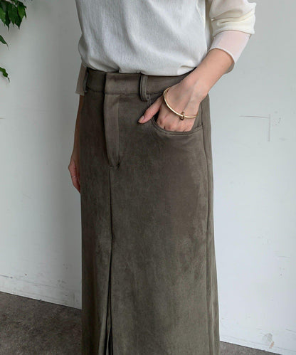 仿麂皮前開叉修身半身裙