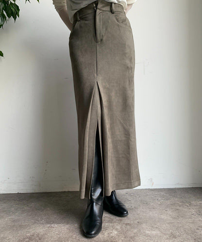 仿麂皮前開叉修身半身裙