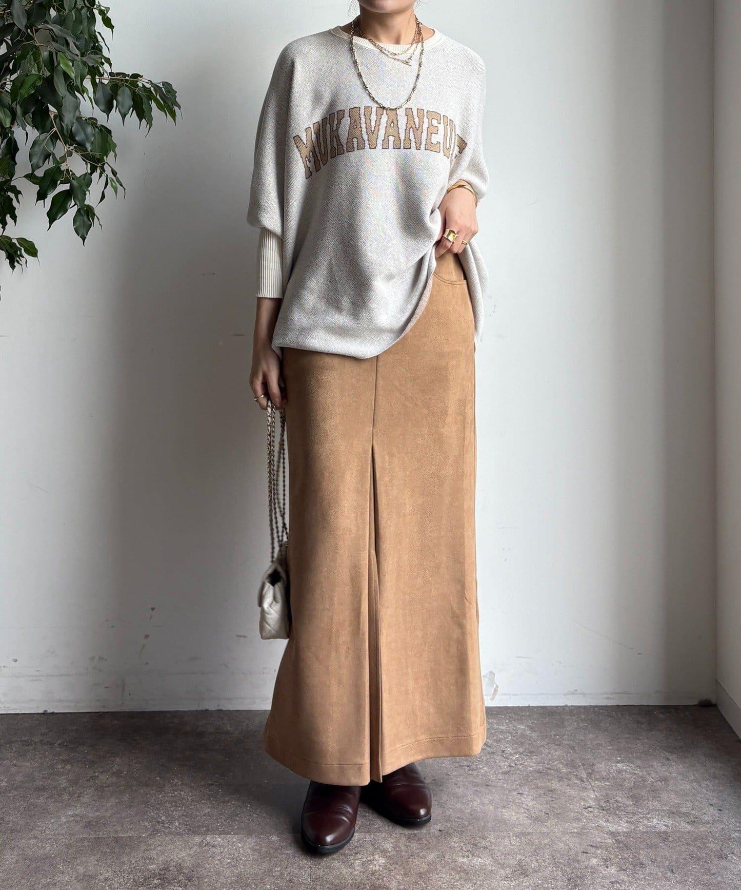 仿麂皮前開叉修身半身裙