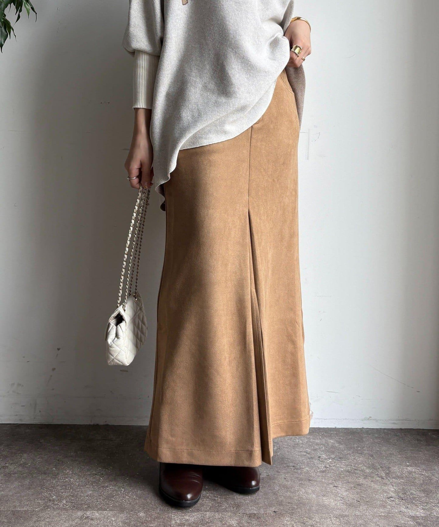 仿麂皮前開叉修身半身裙