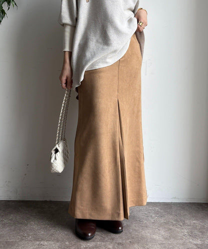 仿麂皮前開叉修身半身裙