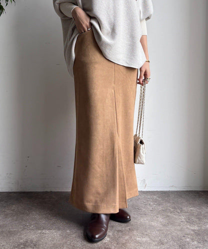 仿麂皮前開叉修身半身裙