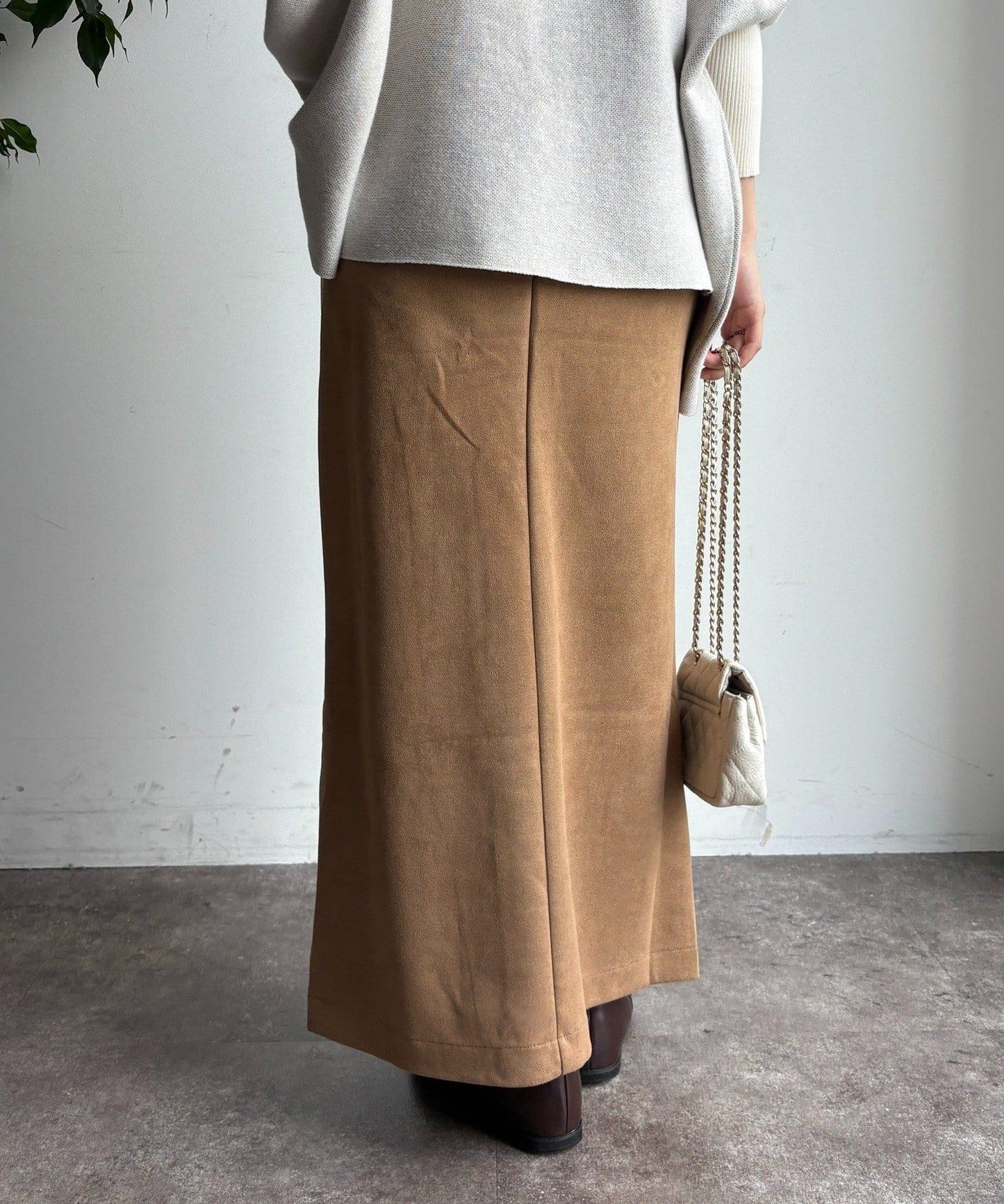 仿麂皮前開叉修身半身裙