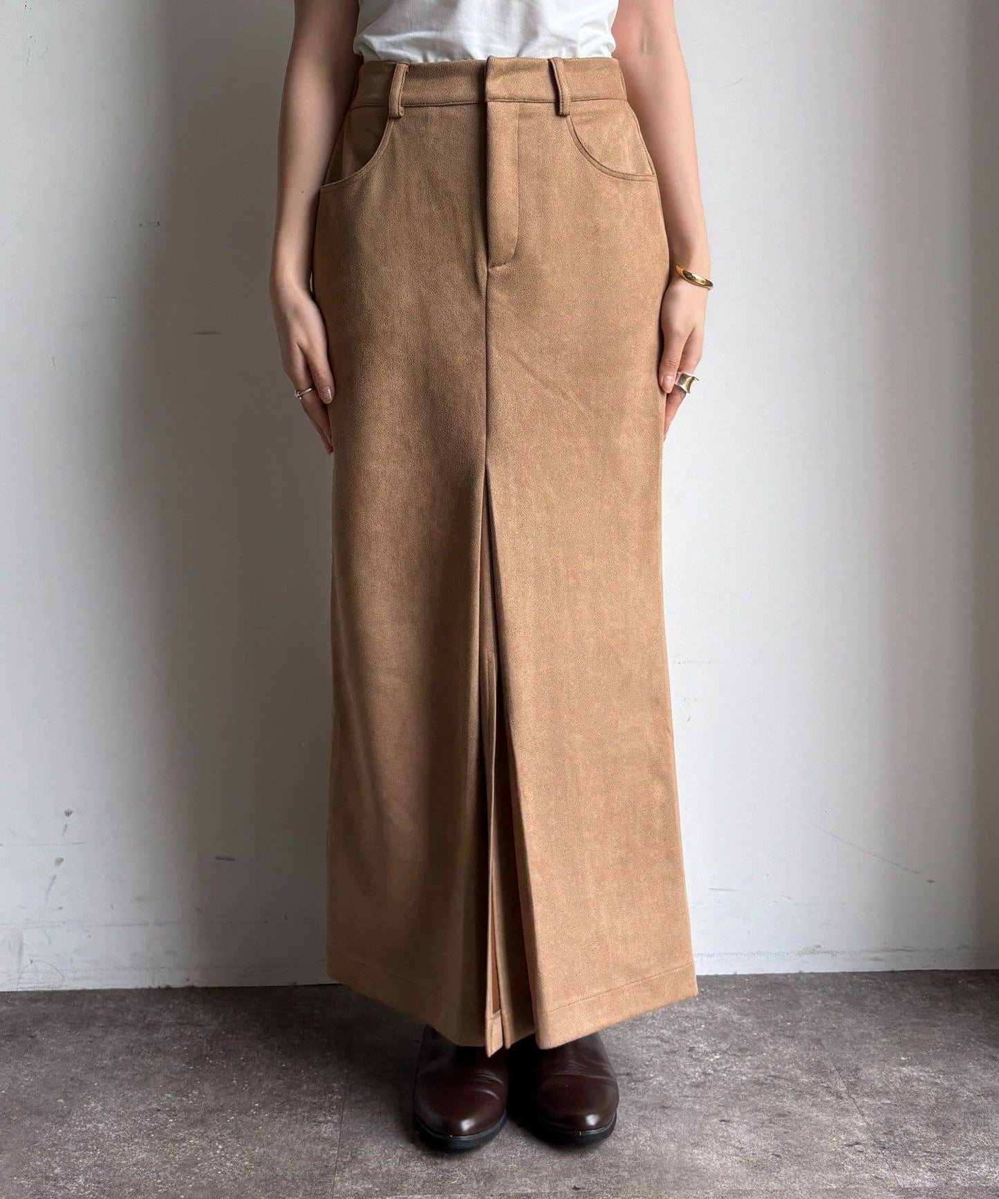 仿麂皮前開叉修身半身裙