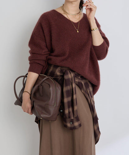 【輕盈感廓形】毛絨羊毛單面羅紋V領針織衫/預計10月上旬發貨