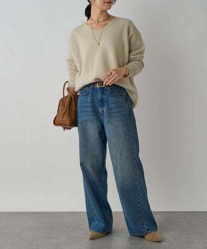 【輕盈感廓形】毛絨羊毛單面羅紋V領針織衫/預計10月上旬發貨