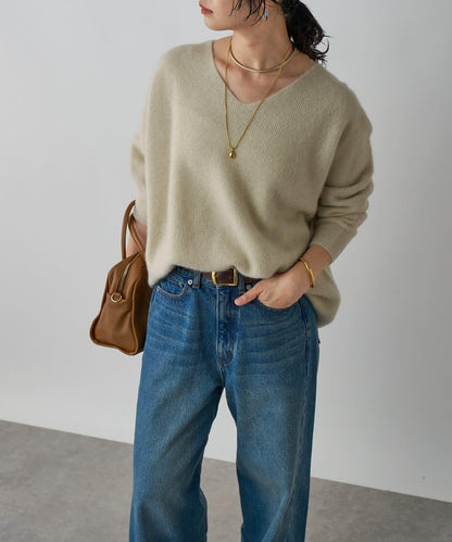 【輕盈感廓形】毛絨羊毛單面羅紋V領針織衫/預計10月上旬發貨