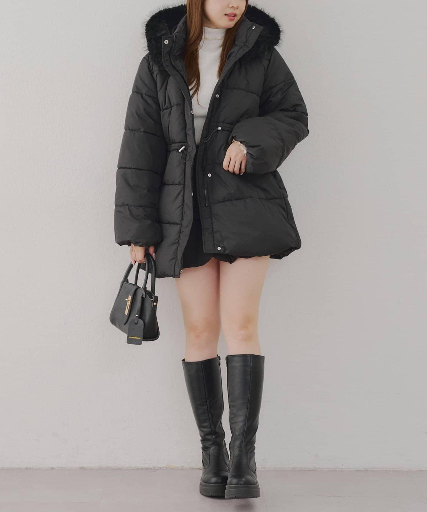 帶腰帶中棉連帽毛領大衣