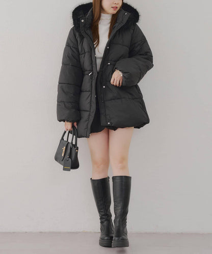 帶腰帶中棉連帽毛領大衣