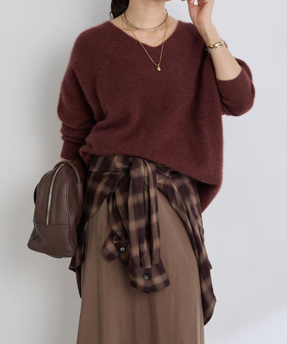 【輕盈感廓形】毛絨羊毛單面羅紋V領針織衫/預計10月上旬發貨